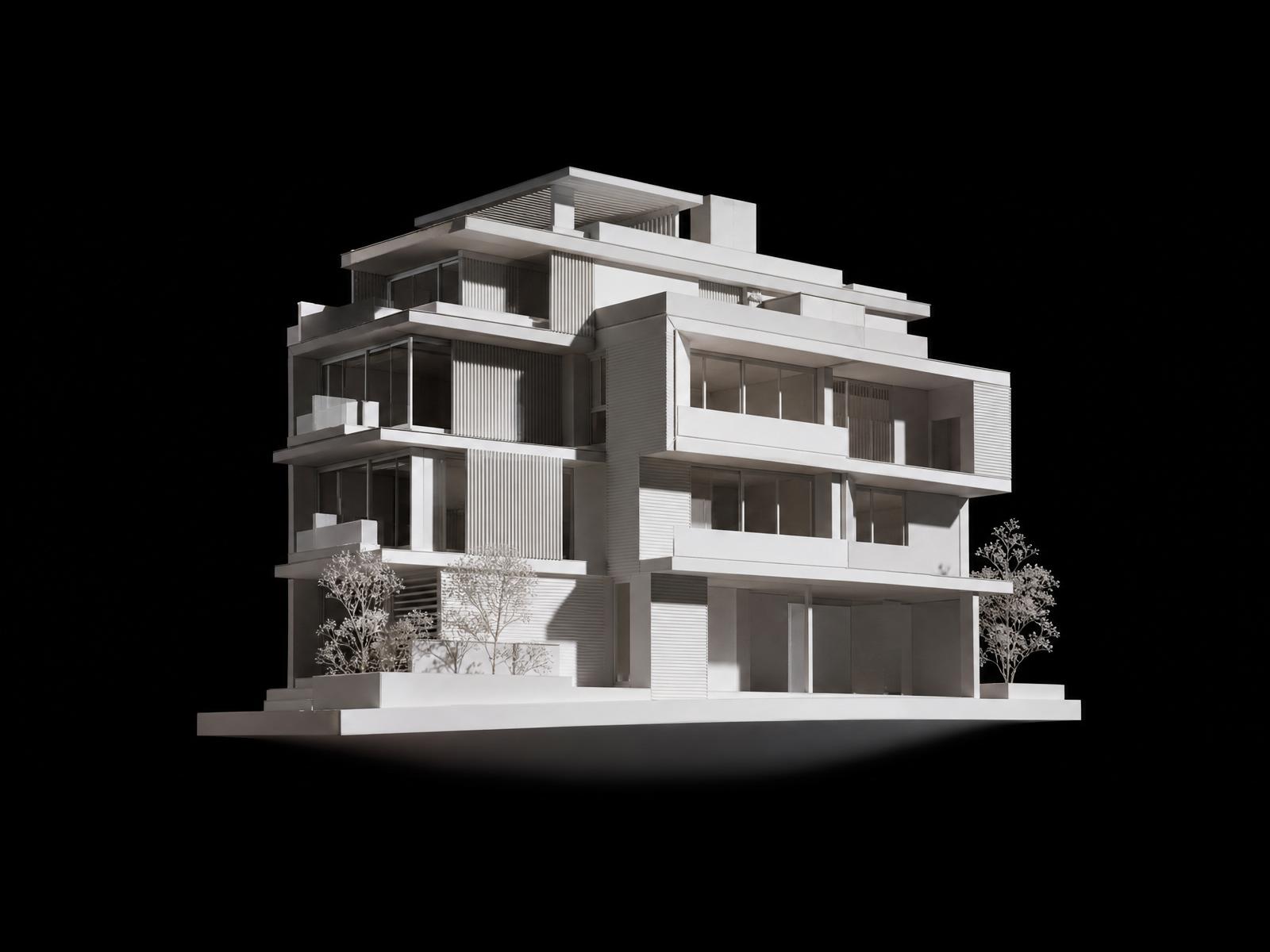 Premium white architectural scale model floating on black