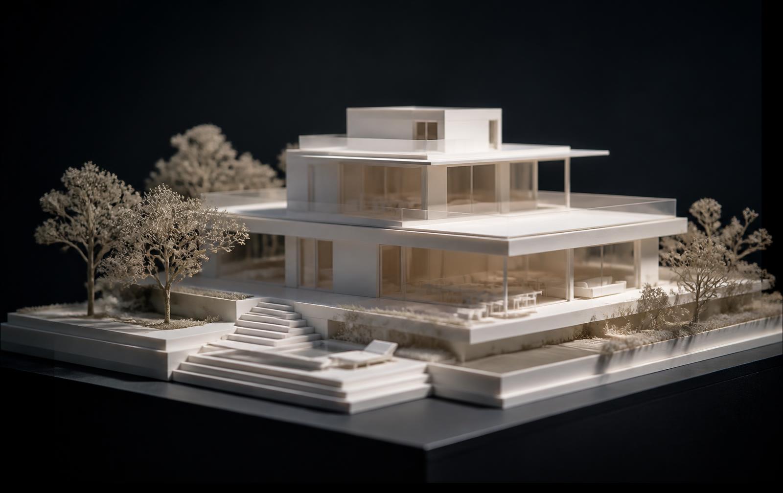 White architectural scale model on a dark base